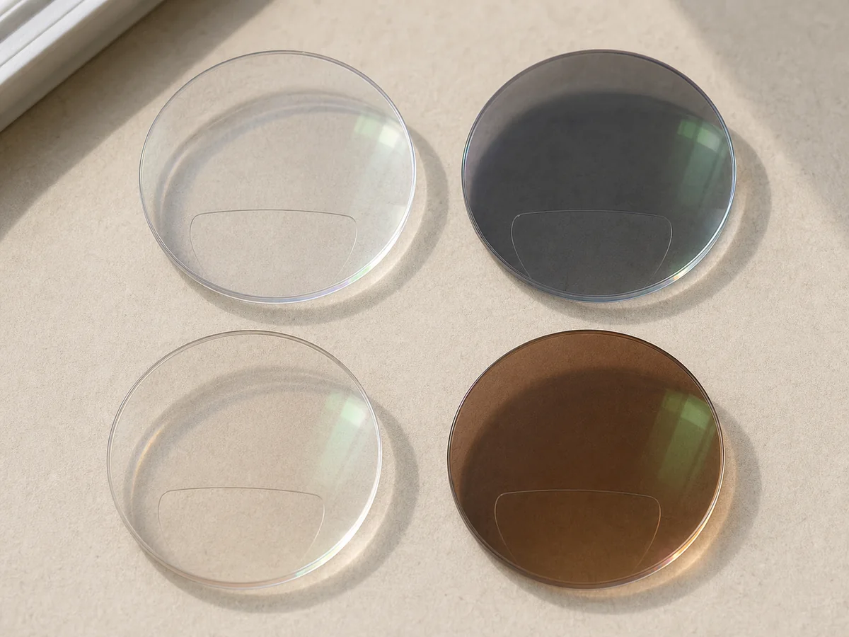Photochromic optical lenses shown in clear and activated grey and brown states