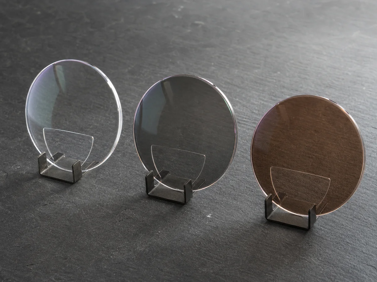 1.56 Photochromic Bifocal HMC Optical Lenses - Clear grey and brown 1.56 photochromic flat-top bifocal HMC lens states on display stands