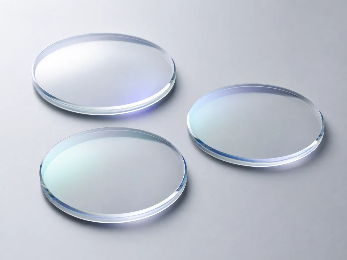 1.56 Super Hydrophobic Blue Cut HMC Optical Lenses - Clear 1.56 super-hydrophobic blue-cut optical lens blanks with blue-green coating reflections
