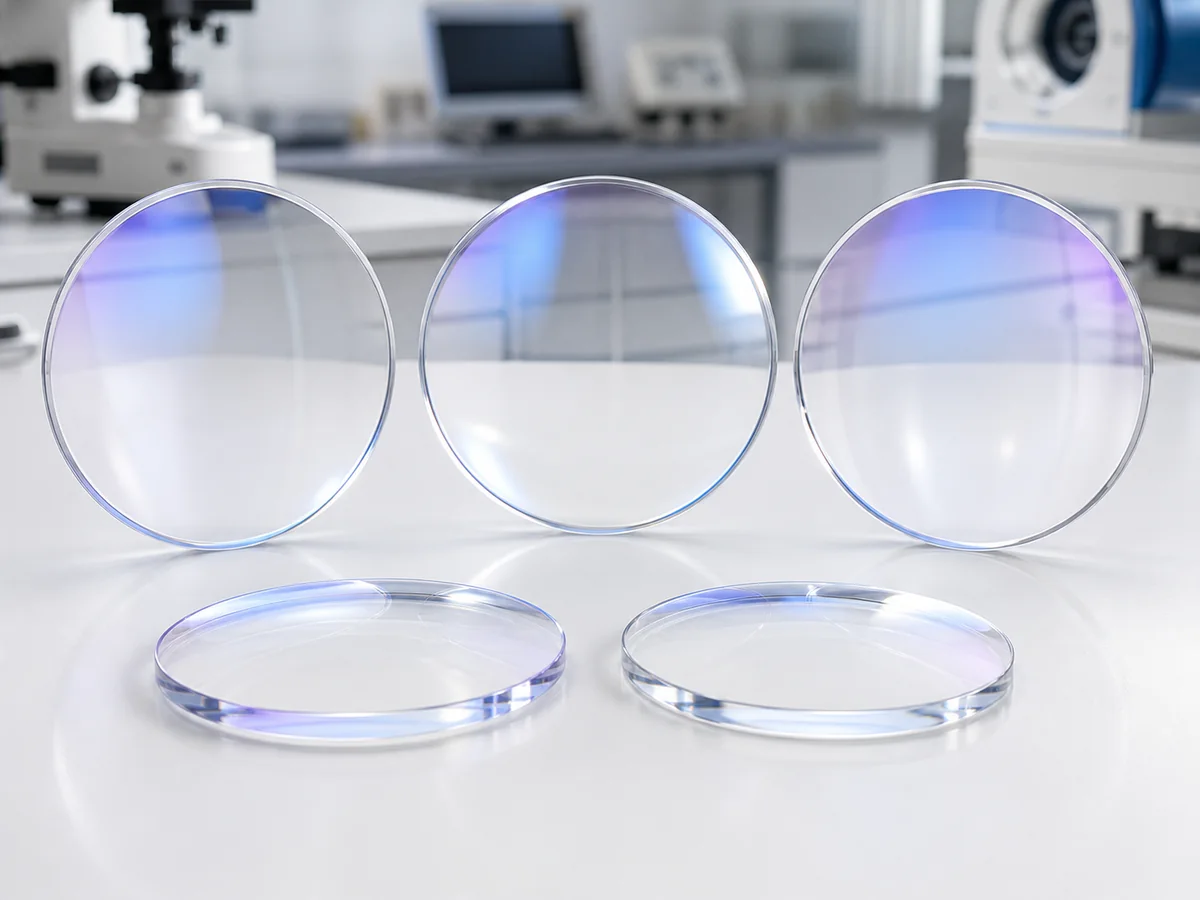 1.56 UV Block Blue Cut HMC Optical Lenses - Clear uncut 1.56 blue-cut HMC optical lens blanks with blue-purple coating reflections