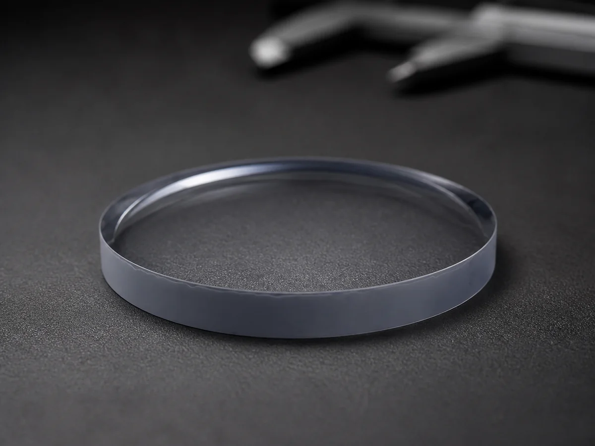 Thick semi-finished optical lens blank shown from the side