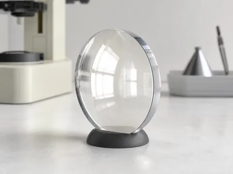 Clear 1.59 polycarbonate 75 mm semi-finished optical lens blank shown upright to reveal front curvature and thick edge