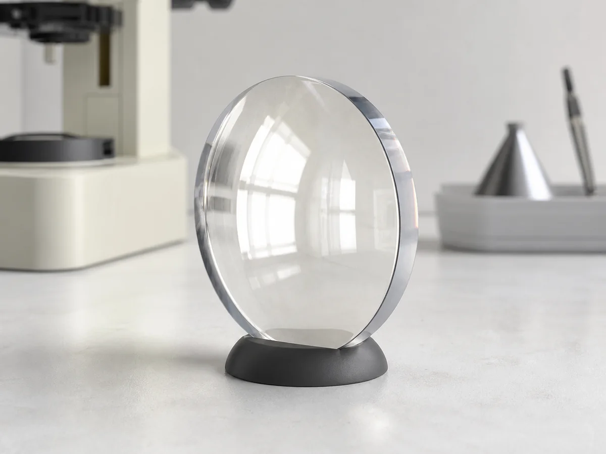 1.59 Polycarbonate 75mm Semi-Finished Lens Blanks - Clear 1.59 polycarbonate 75 mm semi-finished optical lens blank shown upright to reveal front curvature and thick edge