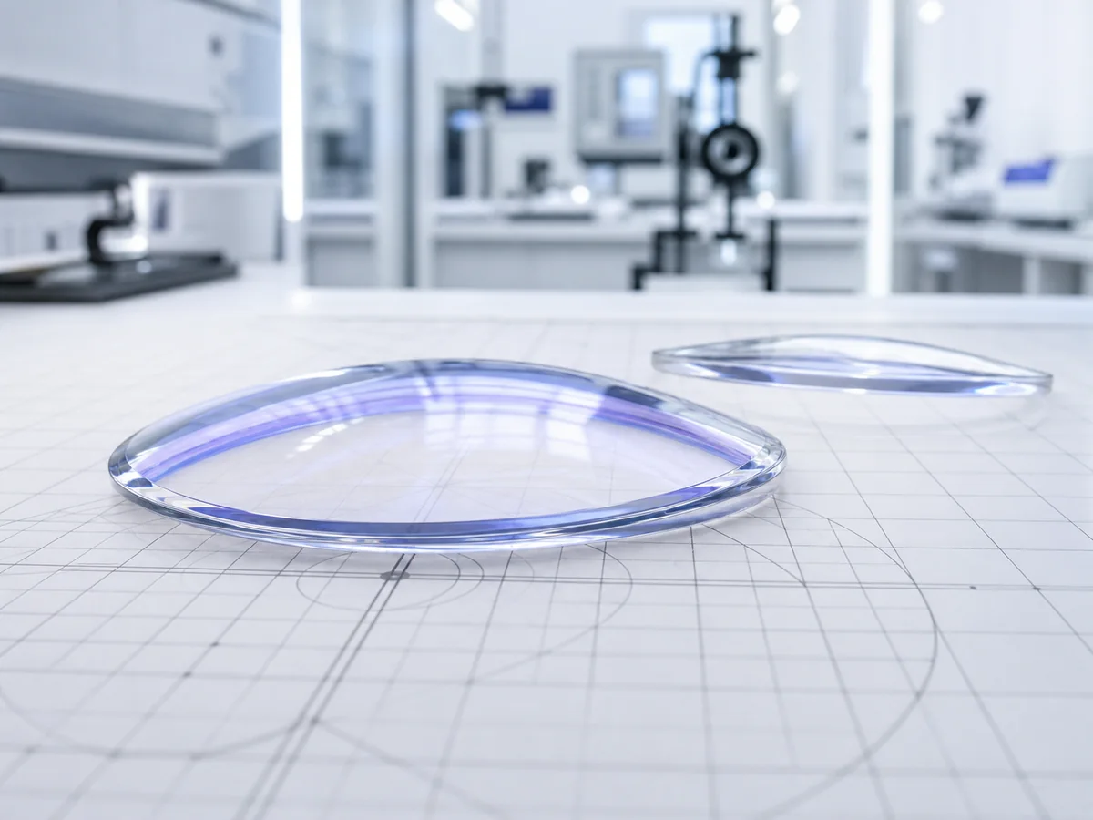 Clear aspheric optical lenses arranged to show their flatter profiles