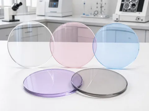 CR-39 1.49 fashion tinted lens blanks in clear, pink, blue, purple, and smoke colors