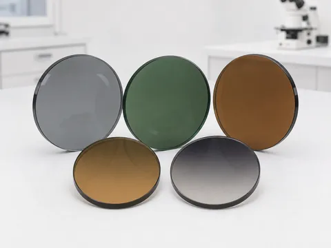 Uncut CR-39 tinted sun lens blanks in grey, G15 green, brown, and gradient colors