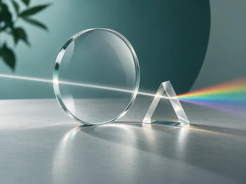 Clear optical lens and prism with a restrained rainbow illustrating chromatic dispersion