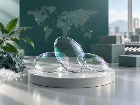 Three transparent optical lenses showing subtle green, blue and violet surface reflections