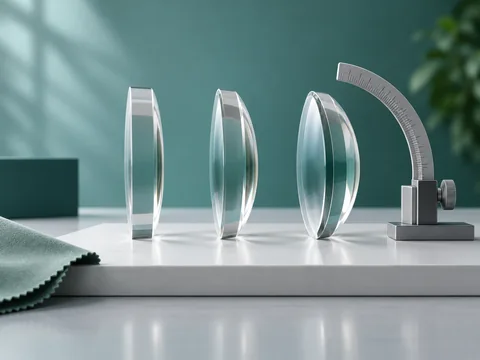 Semi-finished optical lens blanks with different front curvatures beside a measuring gauge