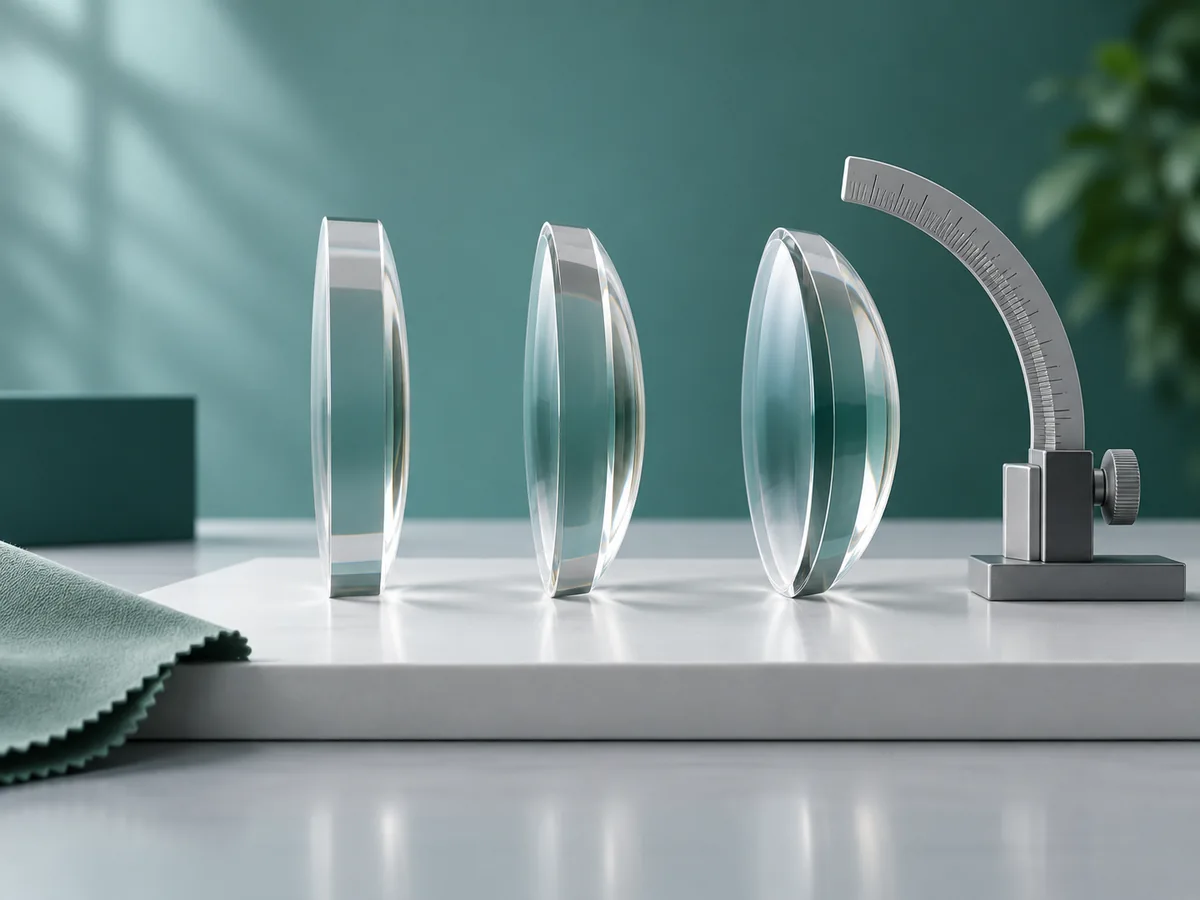 Semi-finished optical lens blanks with different front curvatures beside a measuring gauge