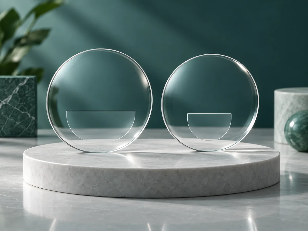 Two clear bifocal blanks with visible flat-top D-shaped segments of different widths