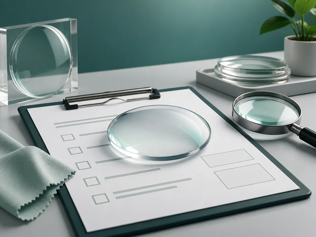 Clear lens on an unmarked inspection report beside a magnifying glass
