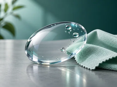 Water droplets on a clear curved lens beside a clean microfiber cloth