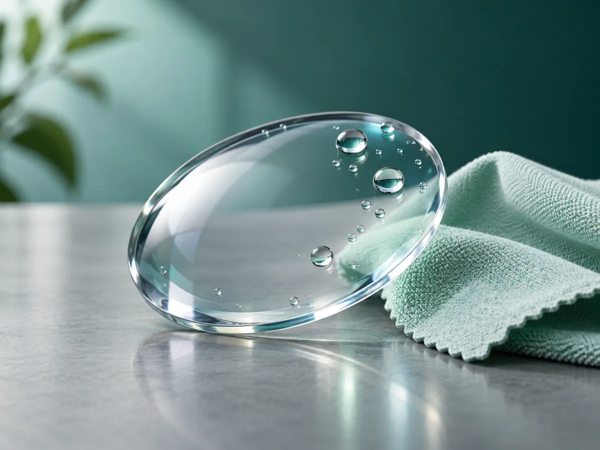 Water droplets on a clear curved lens beside a clean microfiber cloth