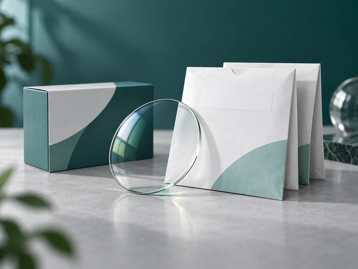 White and teal lens envelopes with blank label areas beside a clear lens and small carton