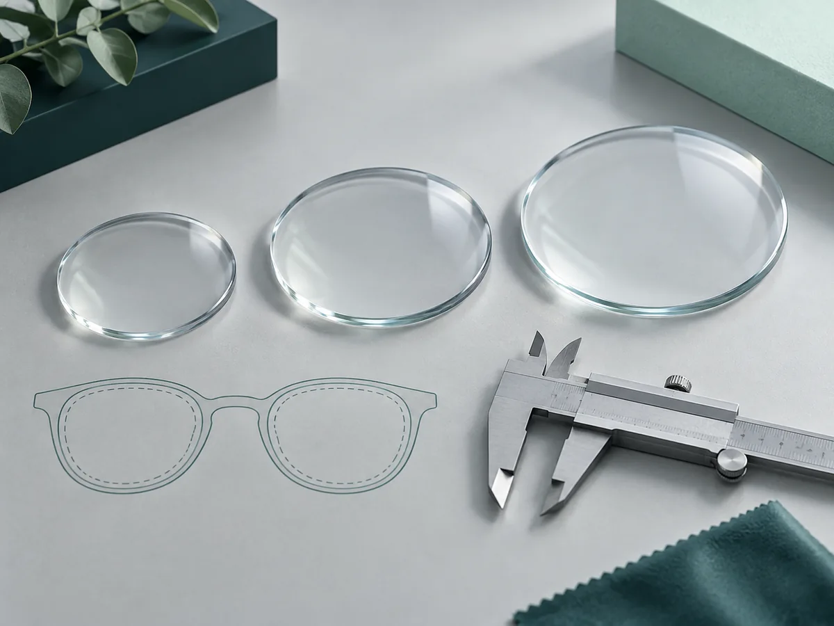 Three clear optical lens blanks of different diameters beside a caliper and frame outline