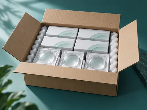Open corrugated carton containing inner boxes, individually enveloped lenses and protective padding