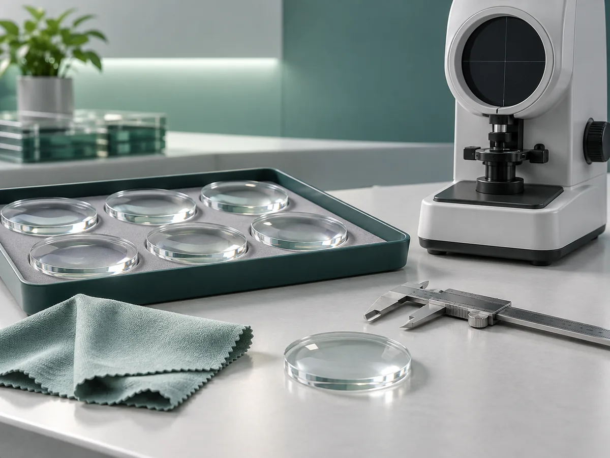 Optical lens samples, a microfiber cloth, caliper and lensmeter arranged on an inspection bench