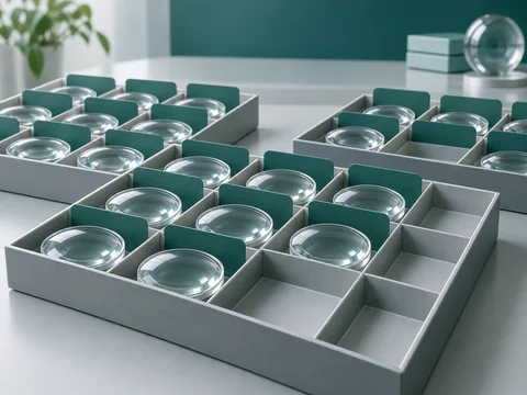 Organized inventory trays of clear lens blanks with teal dividers and selected empty slots