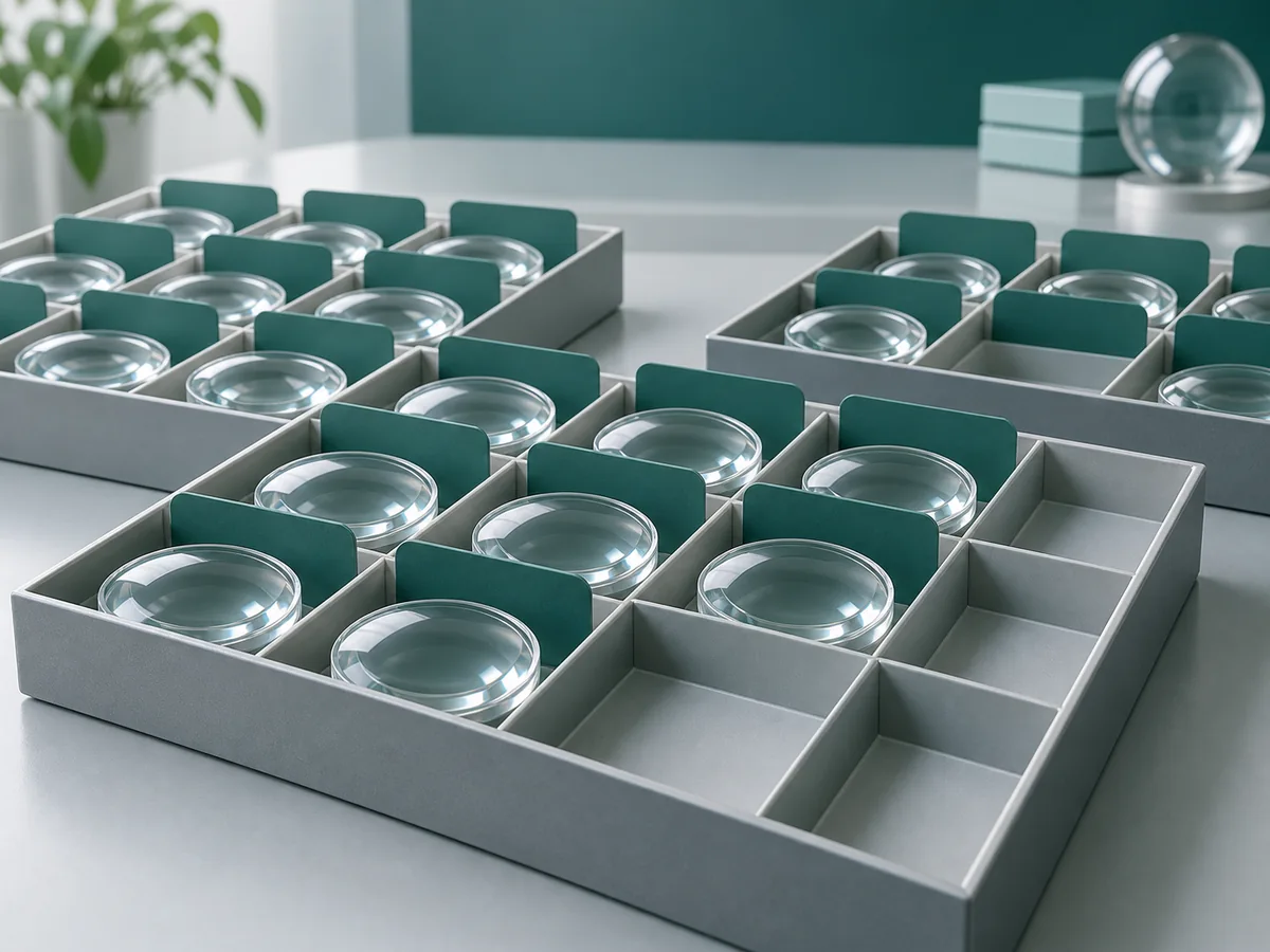 Organized inventory trays of clear lens blanks with teal dividers and selected empty slots