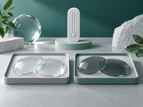 Clear and grey optical lens samples in separate trays beside an unmarked thermometer