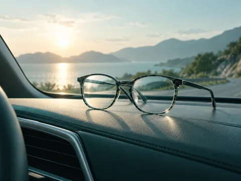 Eyeglasses on a car dashboard with sunlight entering through the windshield