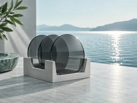 Grey sun lens blanks beside a water surface with a horizontal band of reflected glare