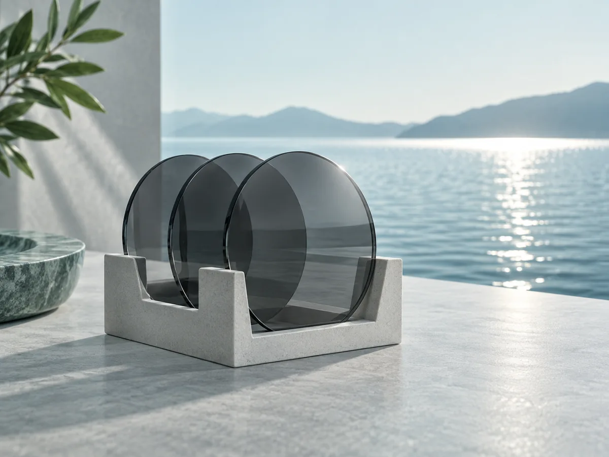 Grey sun lens blanks beside a water surface with a horizontal band of reflected glare
