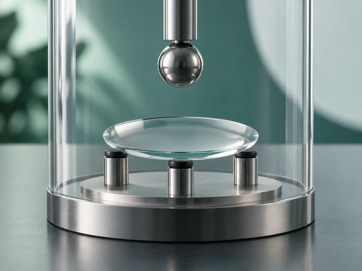 Conceptual impact-testing arrangement with a lens support and a steel sphere above it