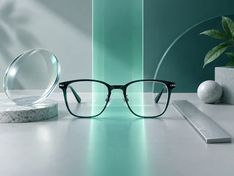 Clear lens and eyeglass frame with a conceptual vertical corridor ribbon and an unmarked ruler