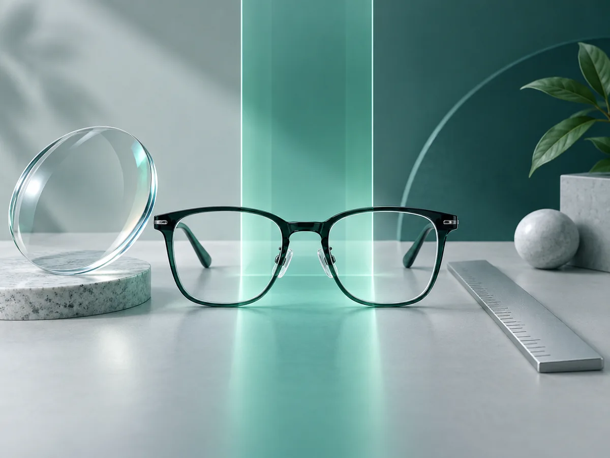 Clear lens and eyeglass frame with a conceptual vertical corridor ribbon and an unmarked ruler
