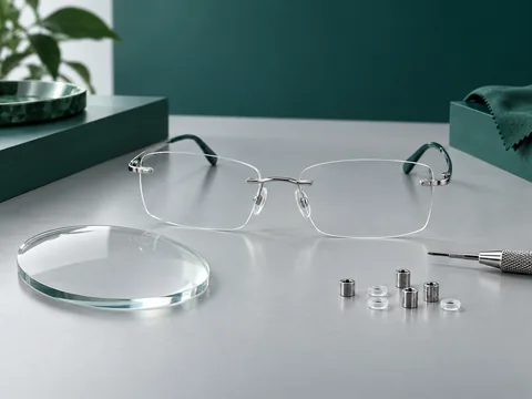 Rimless eyeglass frame, drilled lens blank and small mounting bushings on a clean bench