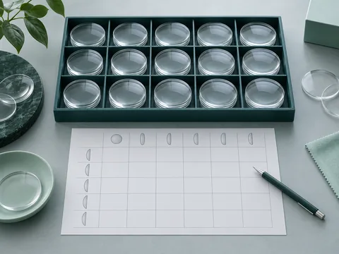 Clear lens blanks in an inventory tray beside an unmarked planning grid and pencil