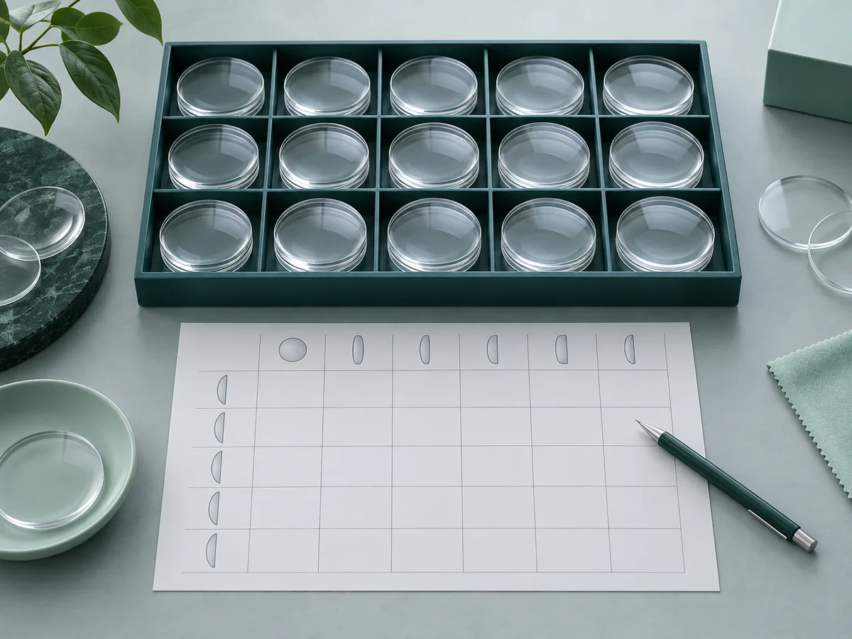 Clear lens blanks in an inventory tray beside an unmarked planning grid and pencil