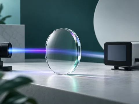 Clear optical lens beside violet and blue light bands and an unmarked spectrometer display