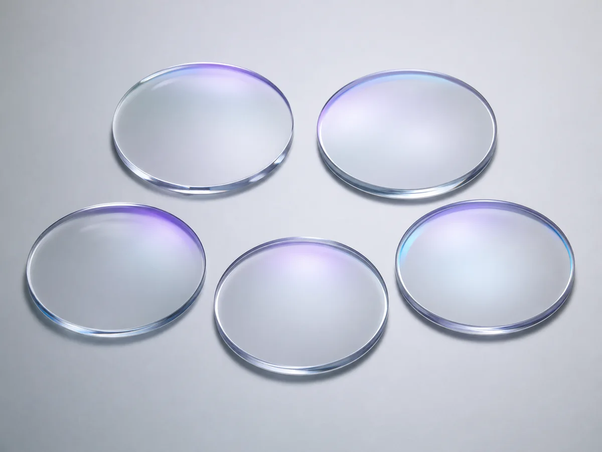 Clear optical lenses representing 1.56, 1.60, and 1.67 refractive-index options