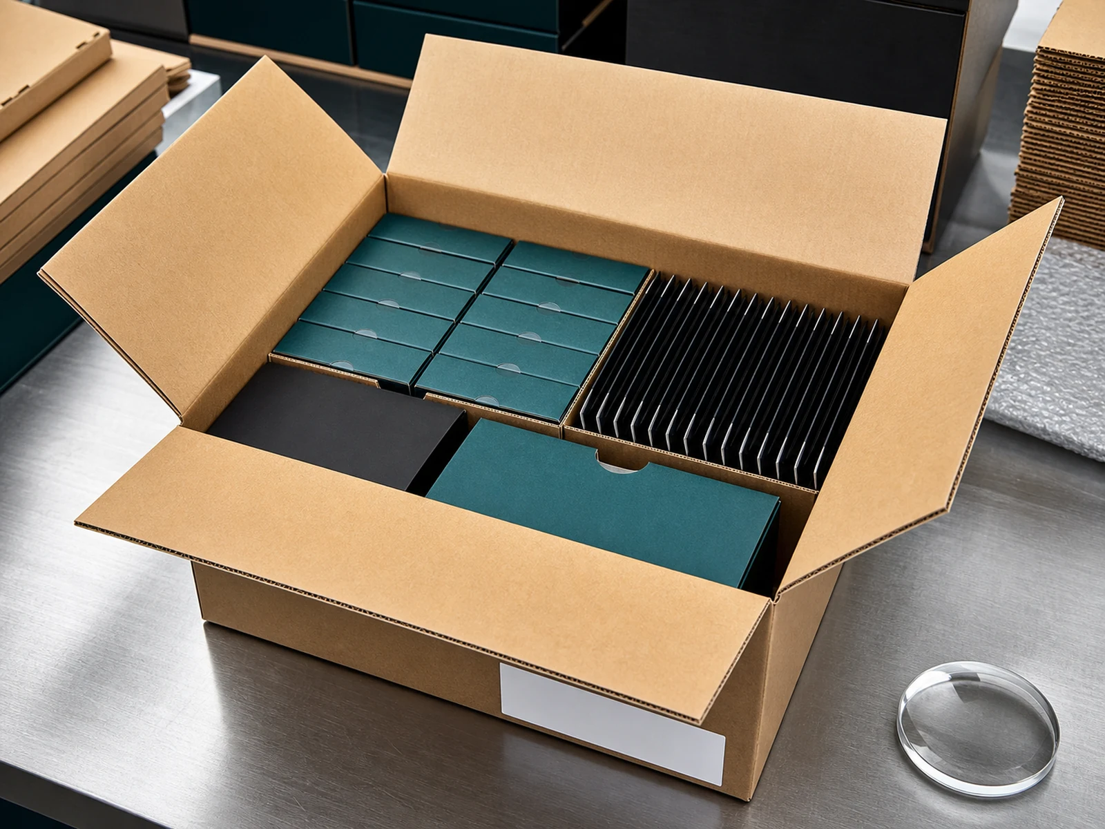 Concept presentation of an export carton packed with optical lens boxes